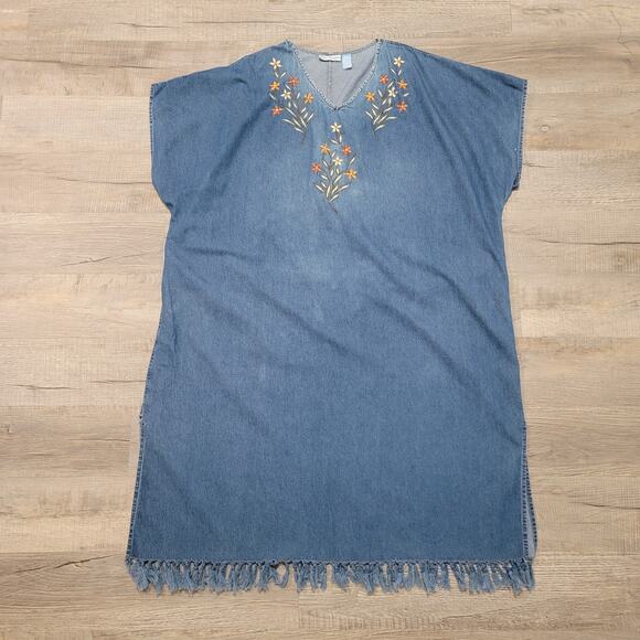 VTG Paragon Embroidered Floral Denim Midi Dress Plus Size Cottage Prairie Boho - Picture 1 of 7